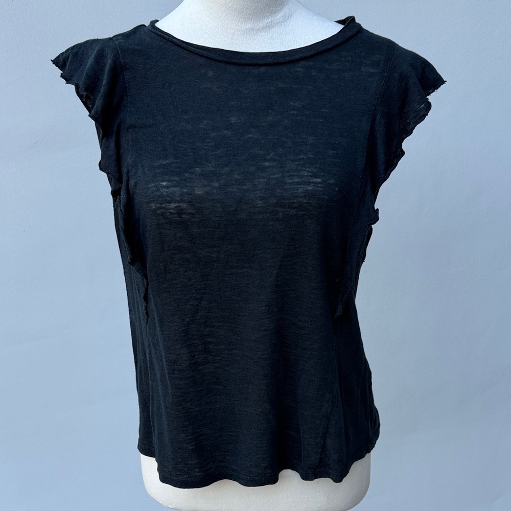 REBECCA TAYLOR Black Short Sheer Flutter Sleeve Ruffle Top Tee Medium